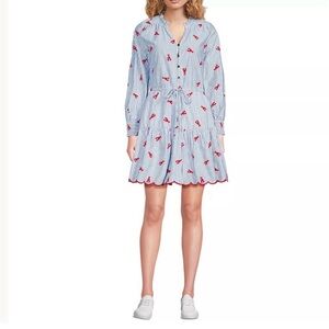 Lands End Women’s Lobster Embroidery Blue and White Long Sleeve Popover Dress